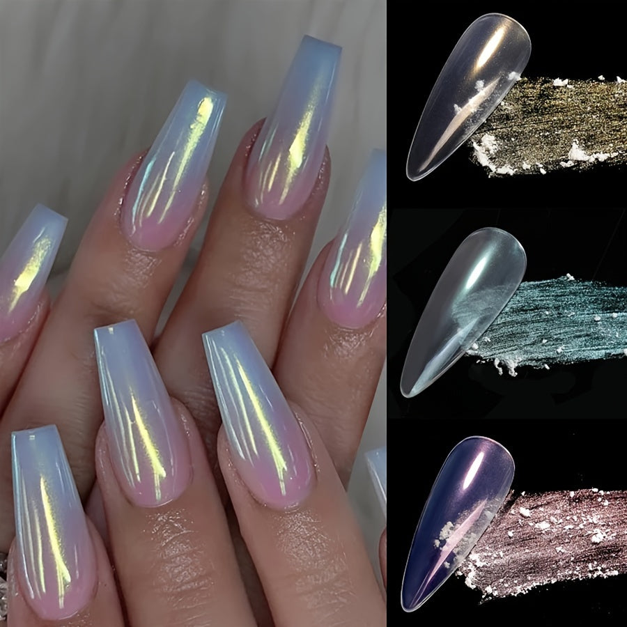 3pcs White Pearl Nail Glitter Powder - Aurora Dust & Moonlight Mirror Effect Pigment for Stunning Nail Art